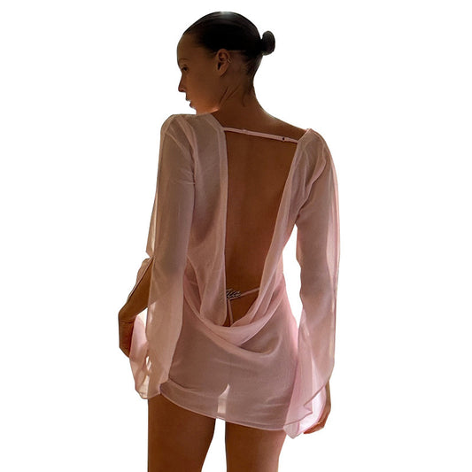 Women's Sheer Long Sleeve Backless Dress