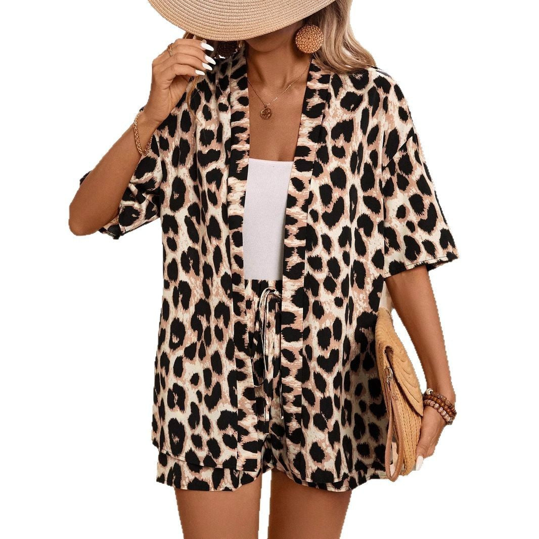 Summer New Leopard Print Cardigan Short Sleeve Top Shorts Two-piece Set