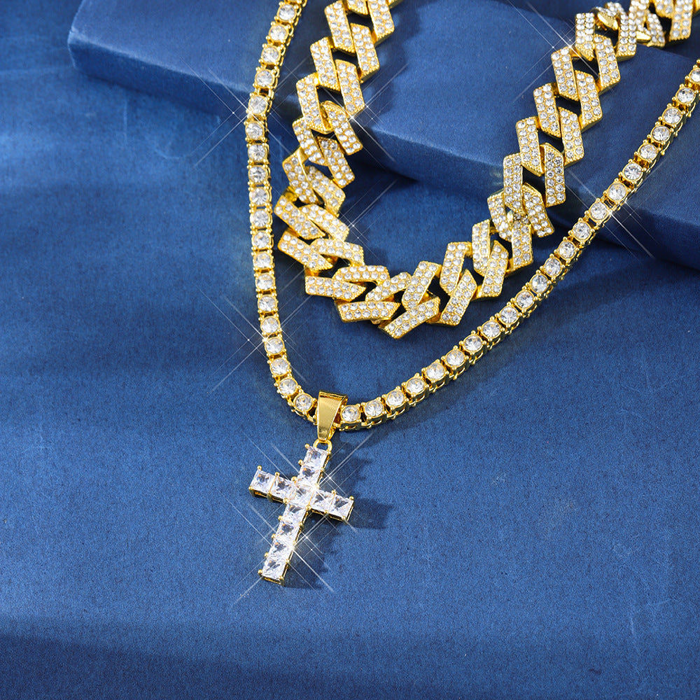 Men's Zircon Cross Pendant Cuban Chain Iced Out Paved Rhinestones Bling Necklaces