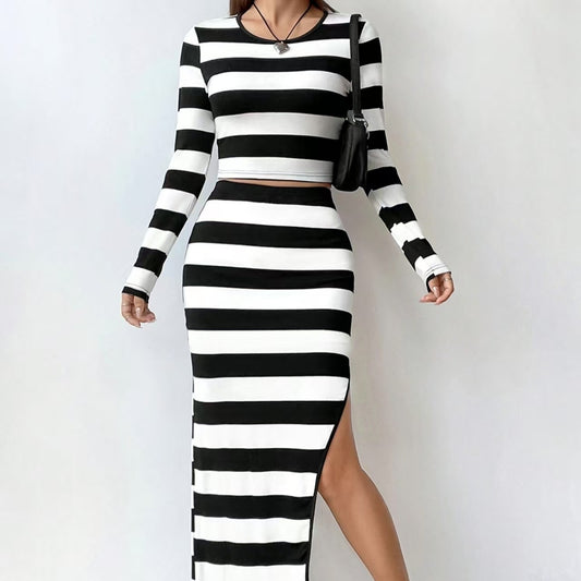 Ladies' Fashion Striped Printed Long Sleeved Top With Slit Skirt