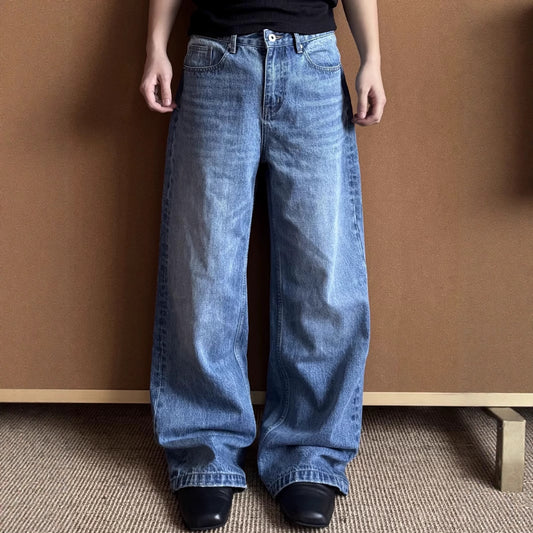 Men's Washed Distressed A- Line Loose Straight Jeans