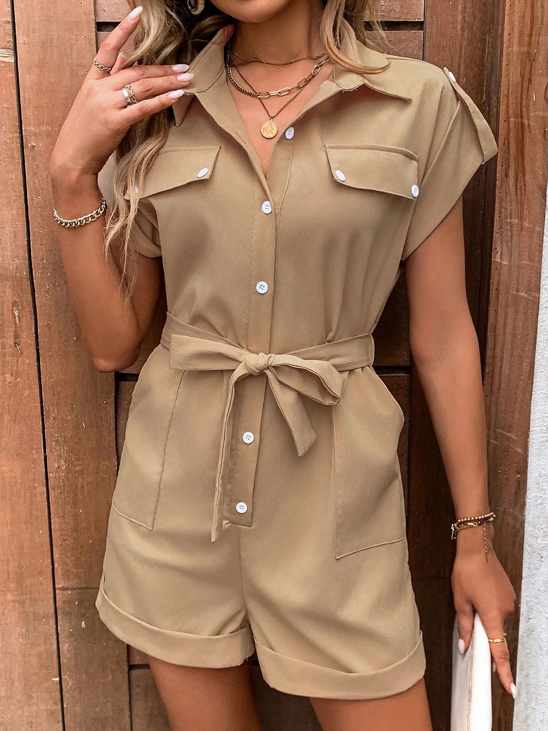 Collared Neck Tie Waist Romper with Pockets by Lady Ros