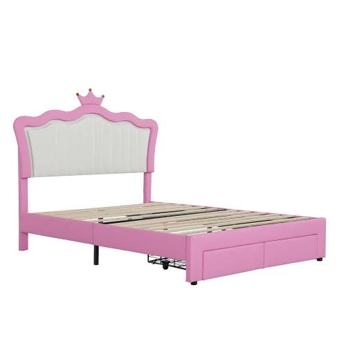 Full Size Upholstered Bed Frame With LED Lights, Modern Upholstered Princess Bed With Crown Headboard, 2 Drawers by GJG Denim