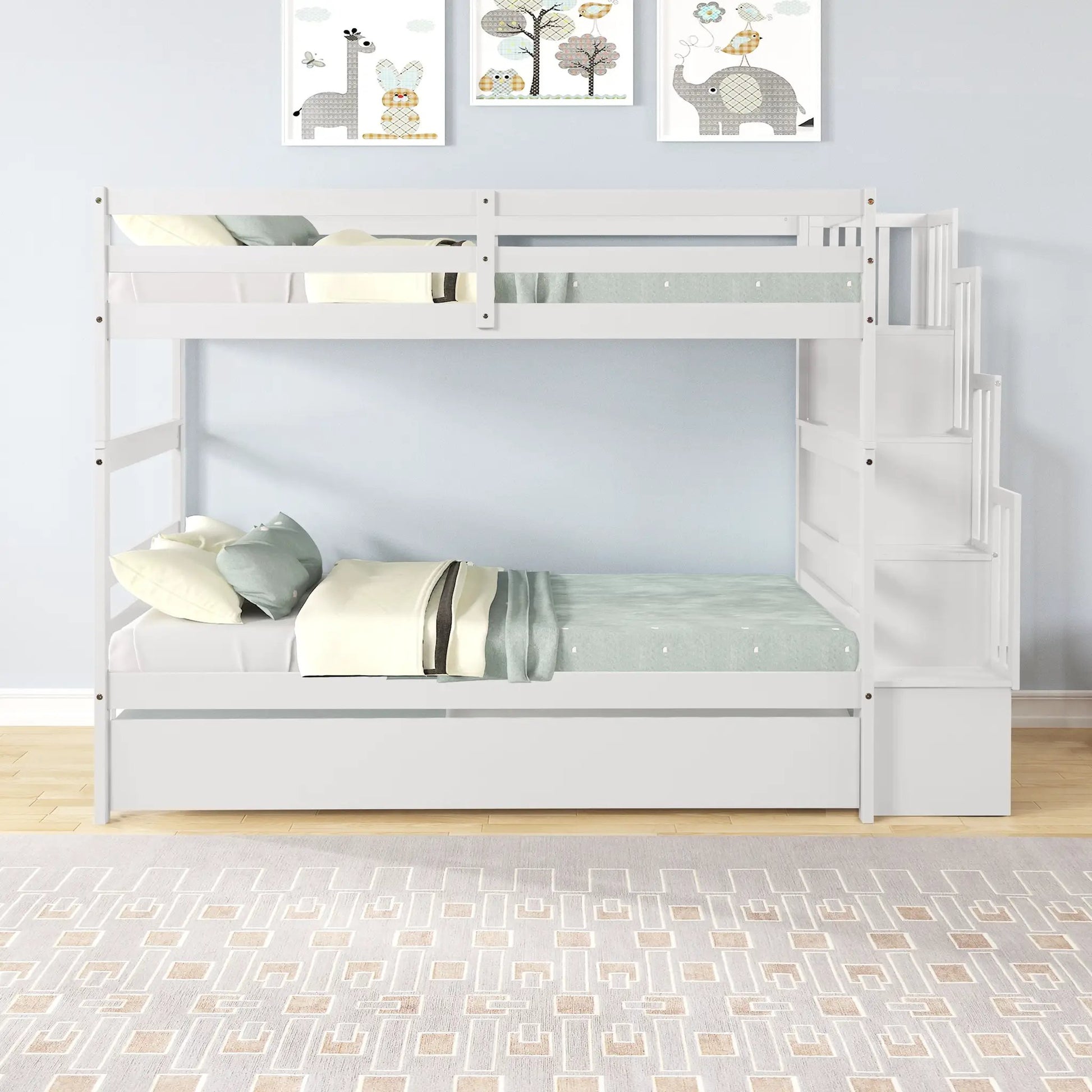 Twin Over Twin Bunk Beds With Twin Trundle And Stairway Storage Function In White Color by GJG Denim