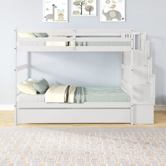 Twin Over Twin Bunk Beds With Twin Trundle And Stairway Storage Function In White Color by GJG Denim