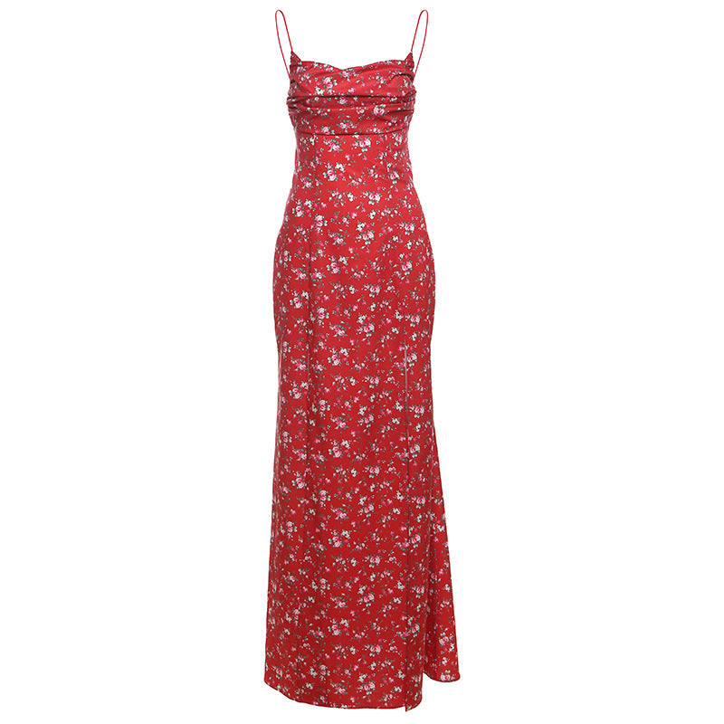 Women's Printed High Waist Slit Off-neck Dress