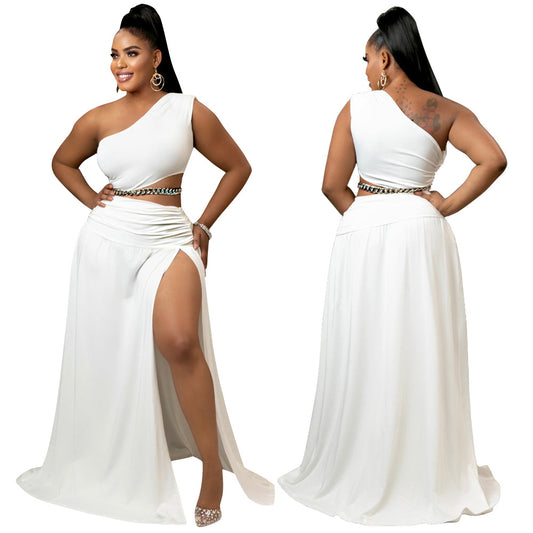 Solid-color Off-the-shoulder Sexy Bodycon Two-piece Set