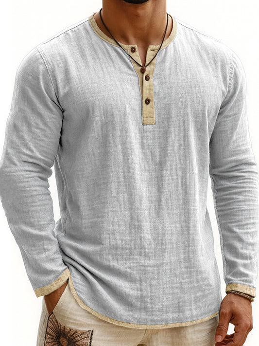Men's Two-tone Henley Shirt 3-button Casual Long Sleeve Shirt