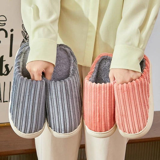 Fashion Corduroy Stripe Slippers For Women Warm Winter House Shoes Indoor Floor Bedroom Solid Color Non-slip Plush Slippers by GJG Denim
