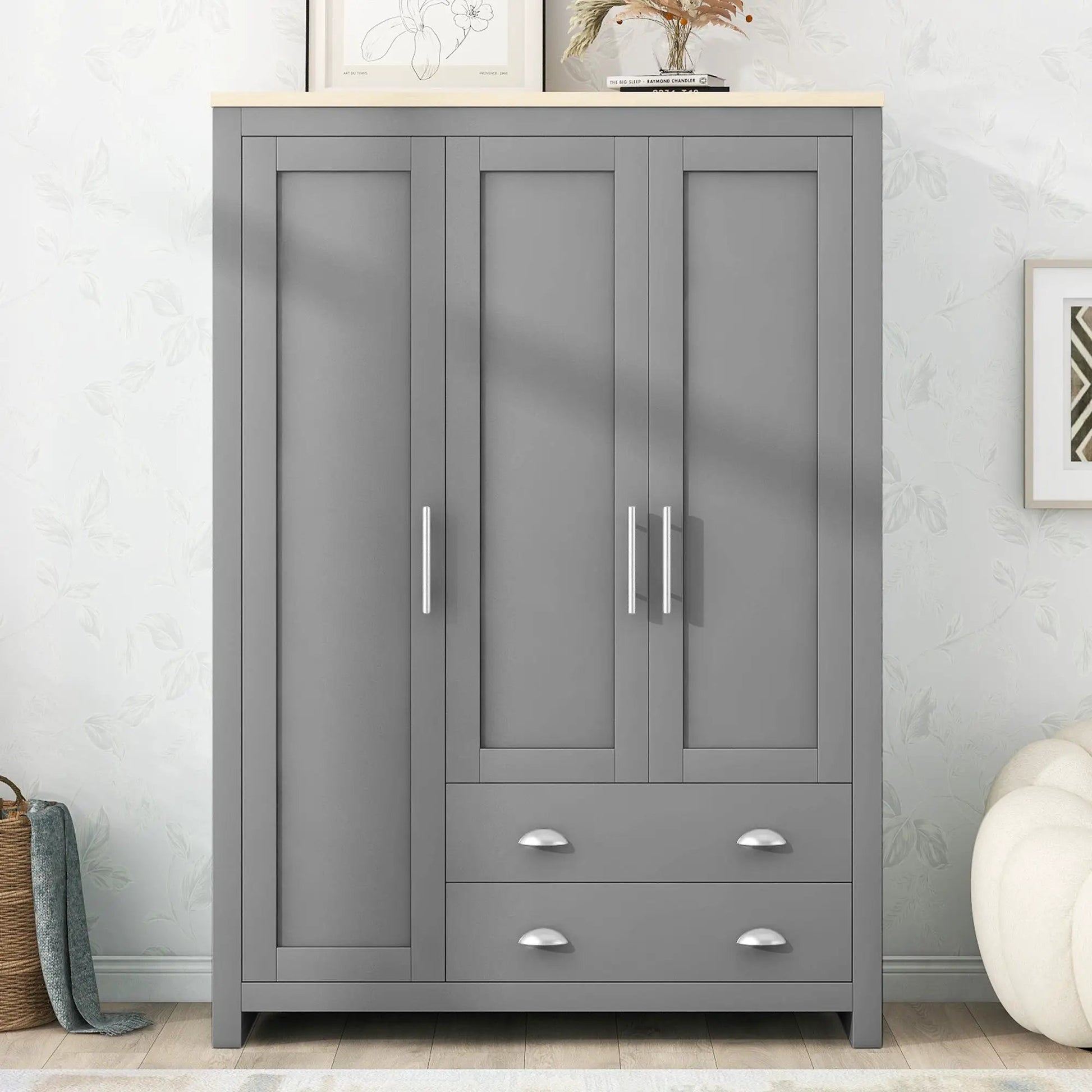 Three Door Storage Wardrobe With Cabinets And Two Hanging Rods,Gray by GJG Denim