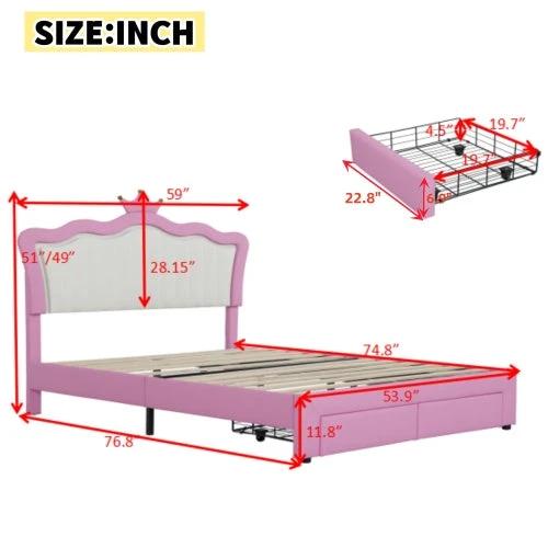 Full Size Upholstered Bed Frame With LED Lights, Modern Upholstered Princess Bed With Crown Headboard, 2 Drawers by GJG Denim