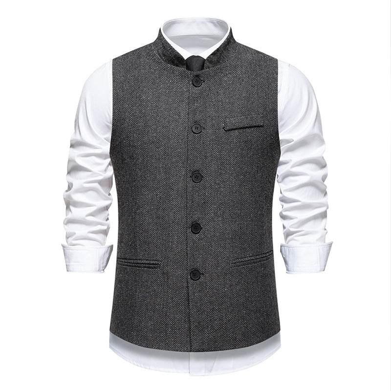 Men's Retro Stand Collar Herringbone Solid Color Suit Vest