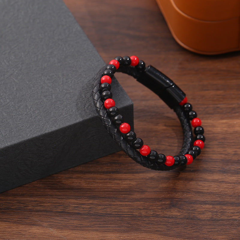 Men's Hand-woven Natural Tigereye Leather Beaded Bracelet