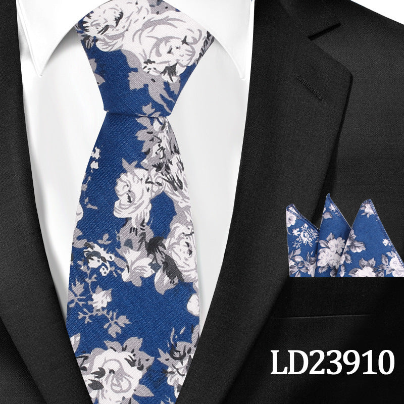 Men's Casual Cotton Floral Print 6cm Tie and Pocket Square