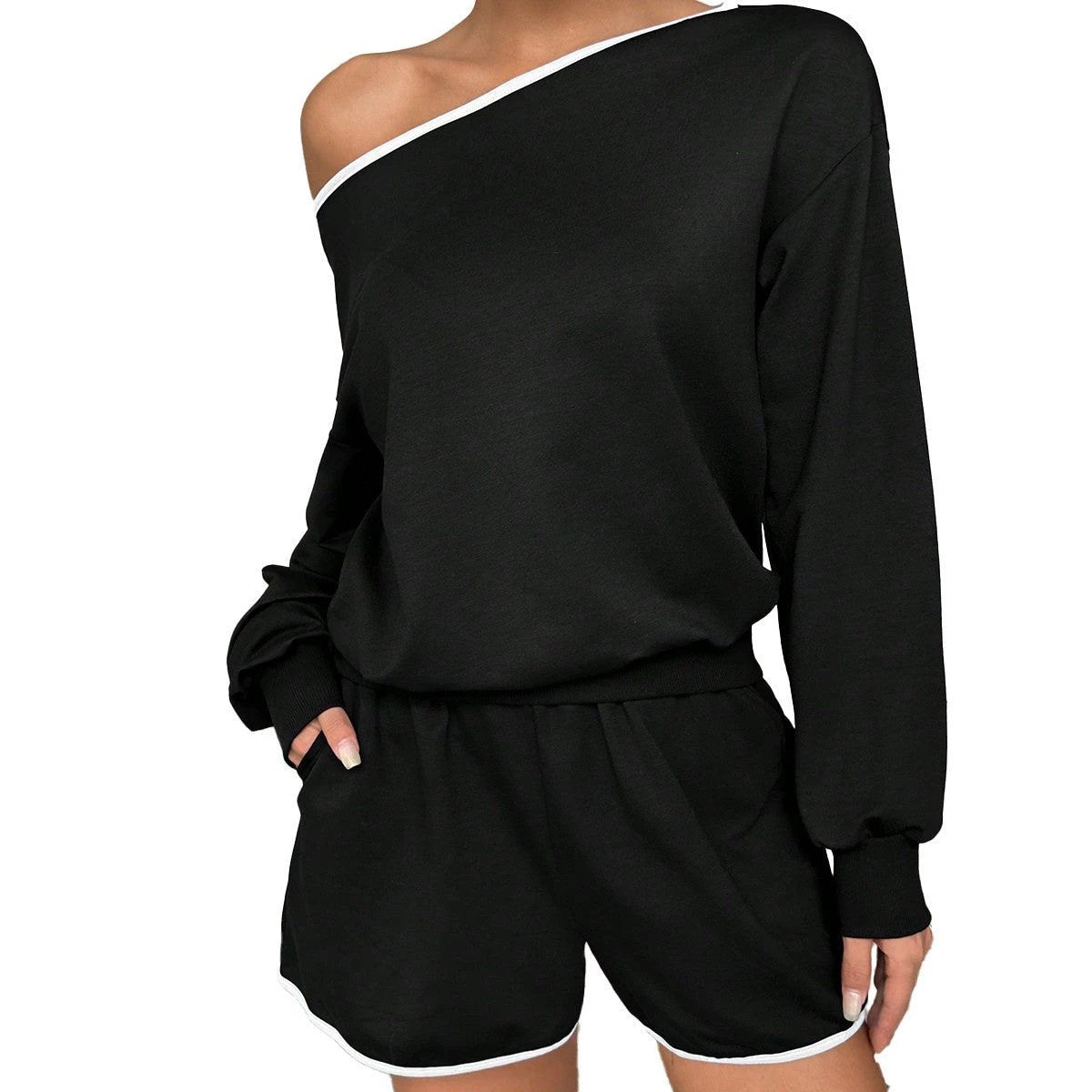 Womens Casual Off-shoulder Long-sleeve Shorts Set by GJG Denim