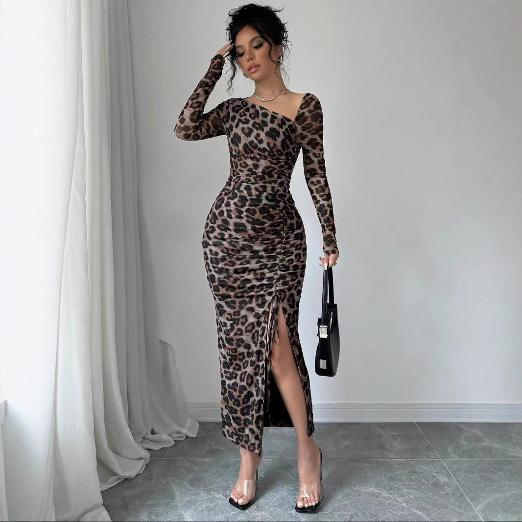 New Women's irregular V-Neck Long Sleeve Sexy Leopard Print Dress