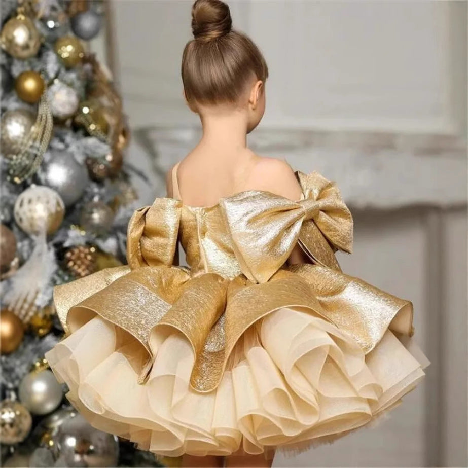 New Gold Satin One Year Old Celebration Dress Western Style Baby Girl Princess Dress