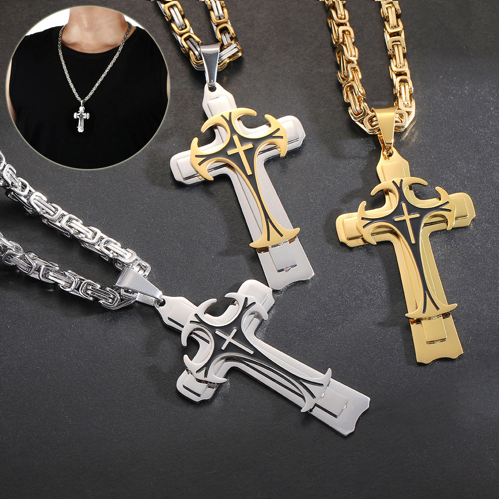 Christian Trinity Latin Cross Necklace For Men Stainless Steel Three Layers