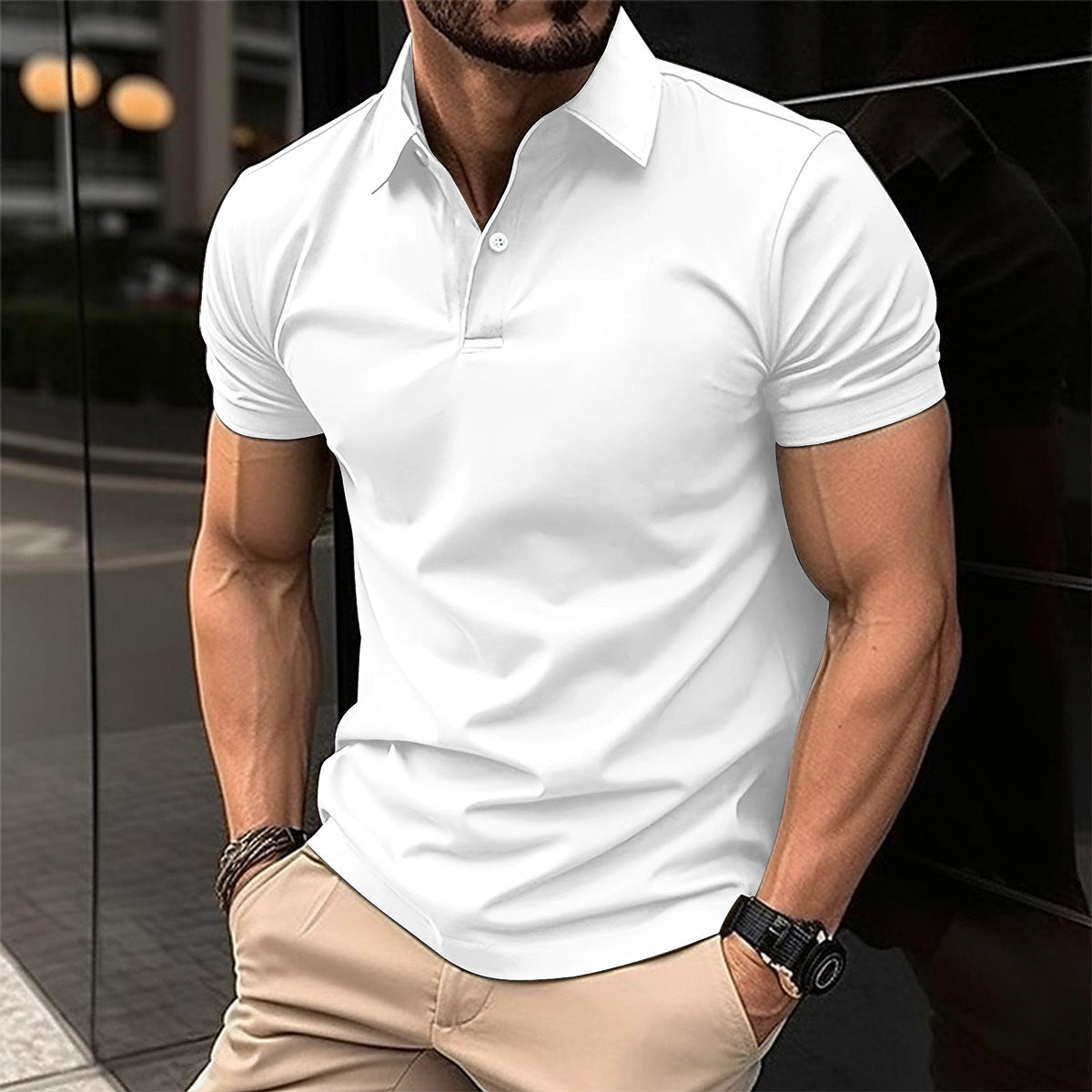 Short Sleeve Polo Shirt Men Solid Color Button Lapel Button Top