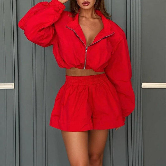 Women's Fashionable Long Sleeve Shorts Casual Two-Piece Set by GJG Denim