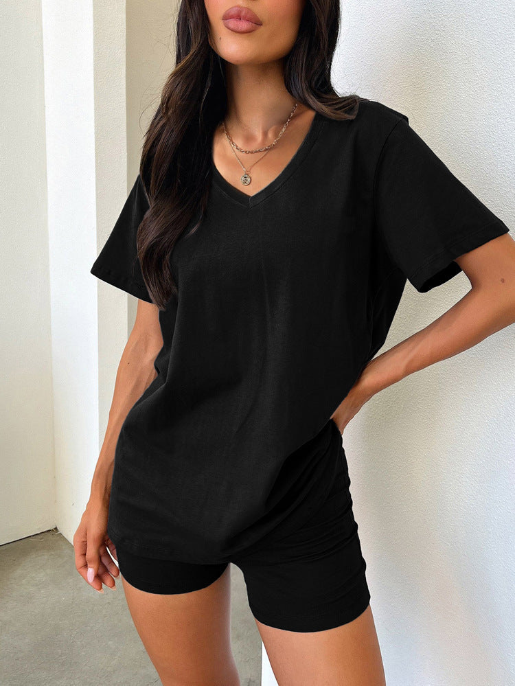 V-neck Fashion Solid Color Casual Fashion Shorts Suit Women