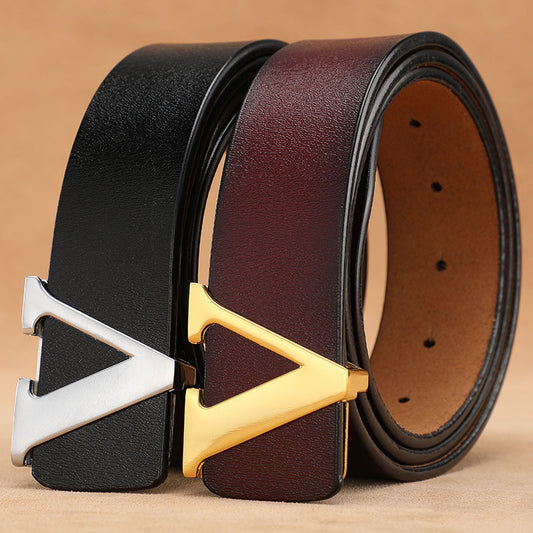 Men's  Retro Smooth Genuine Leather Pure Cowhide Letter V Belts