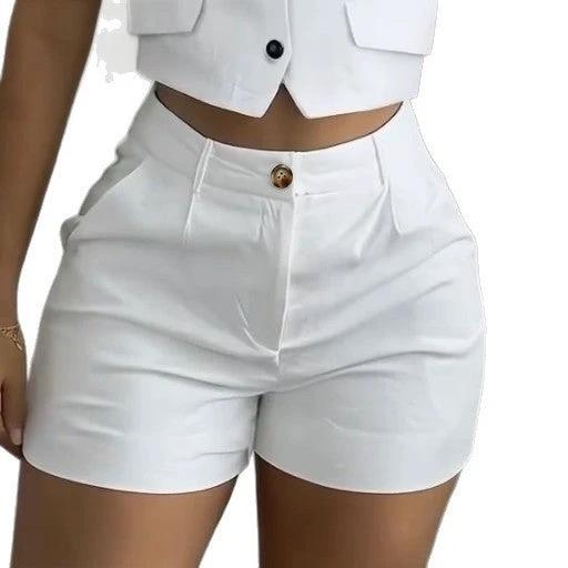 Sleeveless Halter-neck Casual Top Paired With Fashionable Shorts Set by GJG Denim