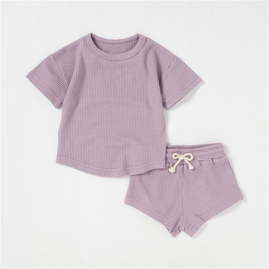 Children's Short-sleeved Suit Solid Color Baby Short Sleeve Two-piece Suit
