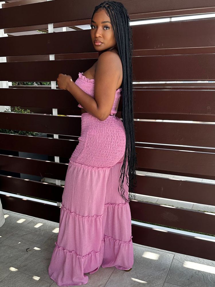 Smocking Stitching Strapless Top Pants Two-piece Suit