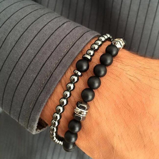 Men's 8mm Black Frosted Copper Bead Spot Drill Spacer Elastic Set Bracelet