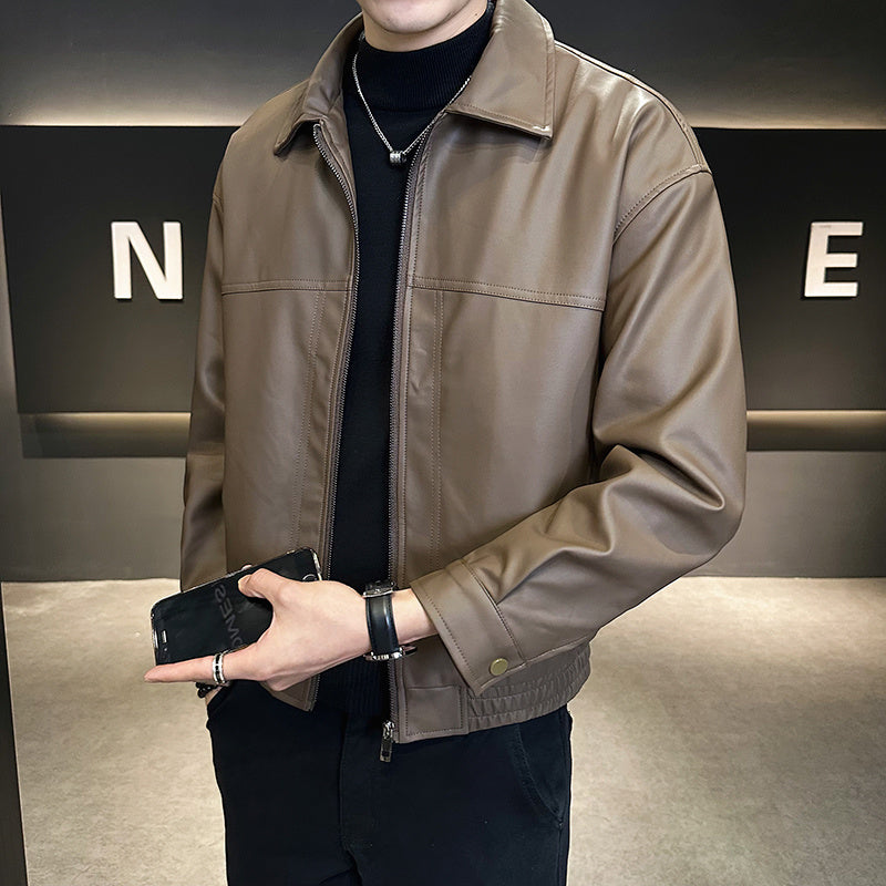 Men's Slim-fit Trendy High-grade Pu Shuai Motorcycle Retro Leather Coat