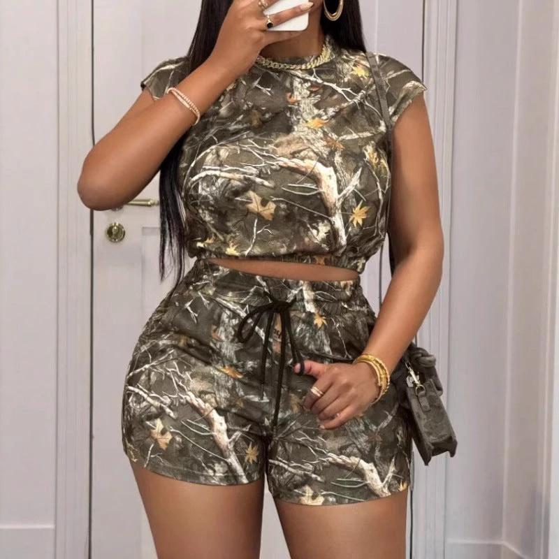 Women's Loose Casual Drawstring Branch Camouflage Printing Shorts by GJG Denim