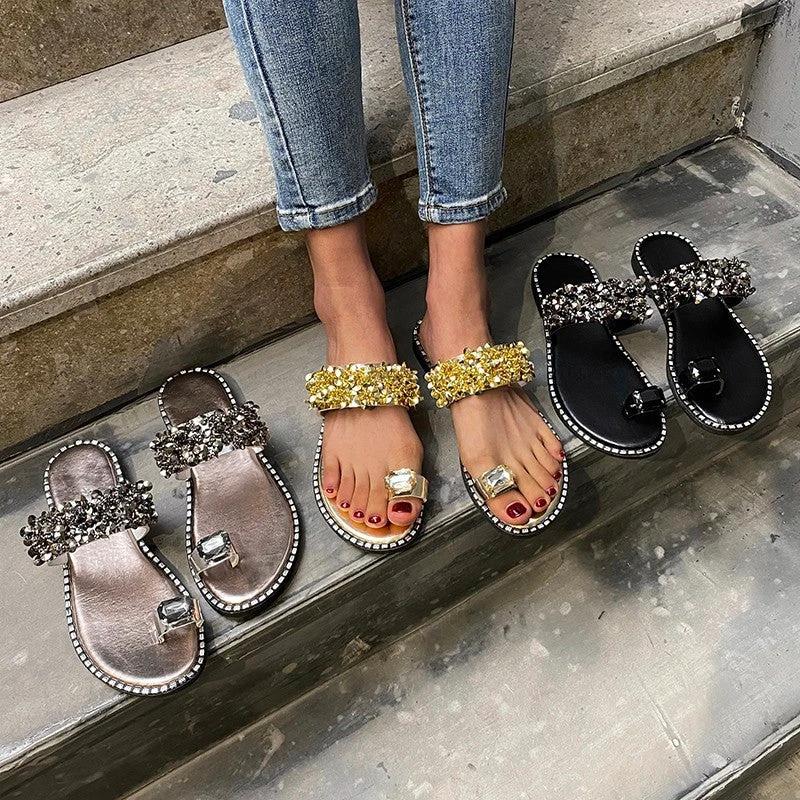 Summer Flat-heel All-over-toe Rhinestone Sandals Sandals by GJG Denim