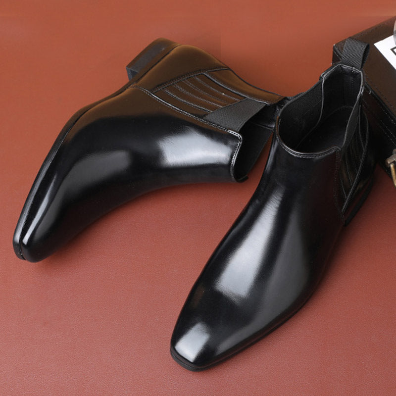 Men's Pointed Toe Chelsea-style Boots Square Heel Business Formal Leather Shoes