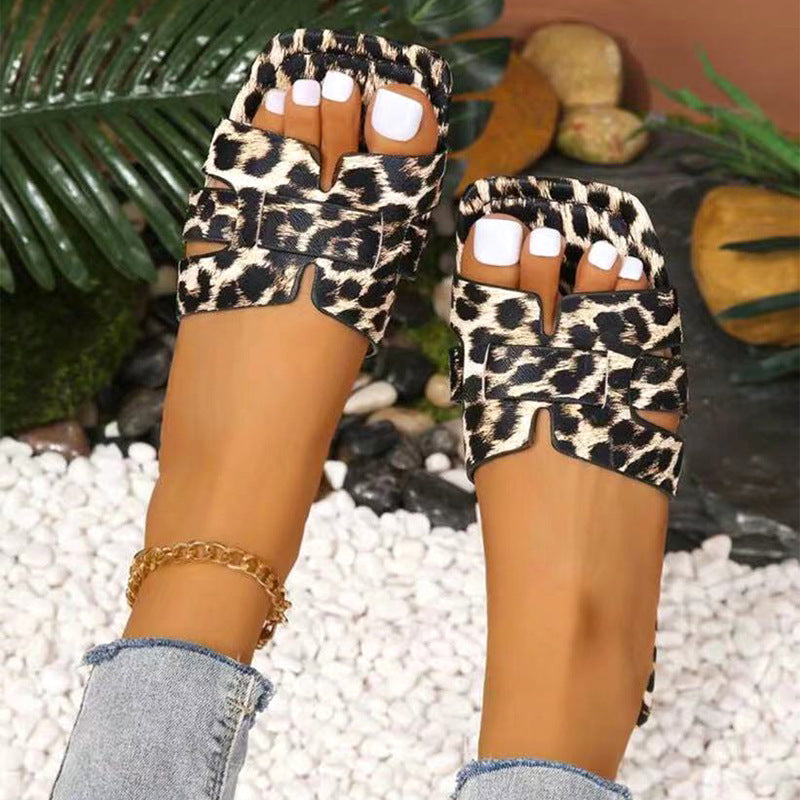 Leopard Print Square Toe Casual  Sandals