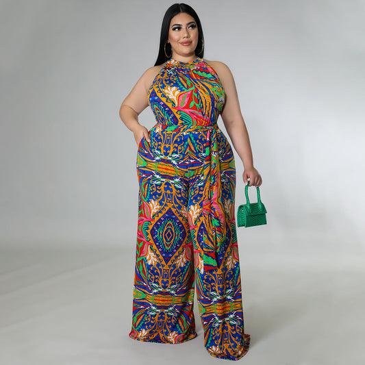 Women's Casual Halter neck Printed Jumpsuit With Belt Plus Size