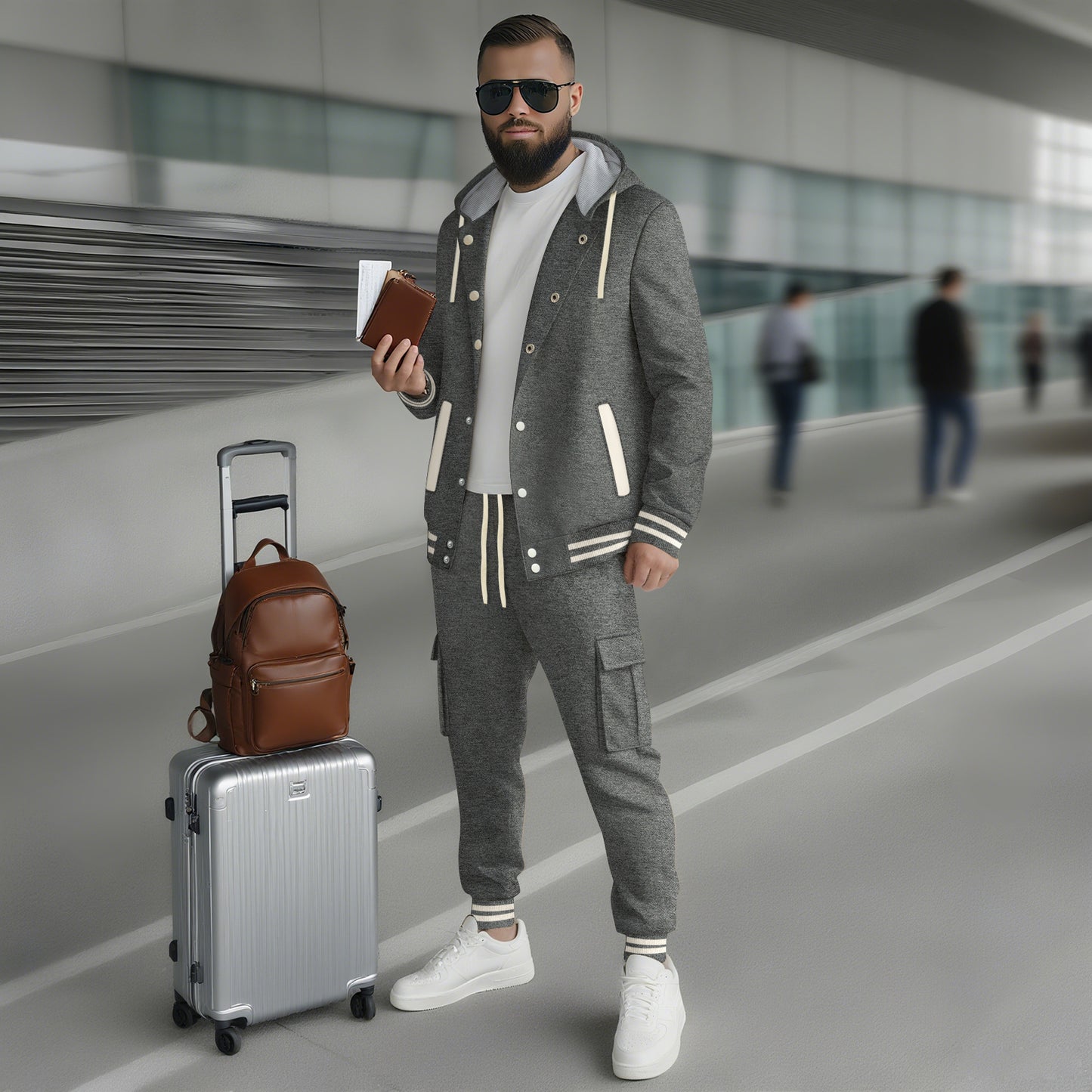 Men's Large Twill Hooded Baseball Jacket Cardigan Long Sleeve Pants Set