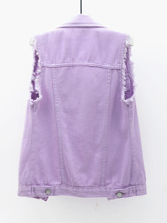 Full Size Button Down Raw Hem Sleeveless Denim Jacket Plus Size