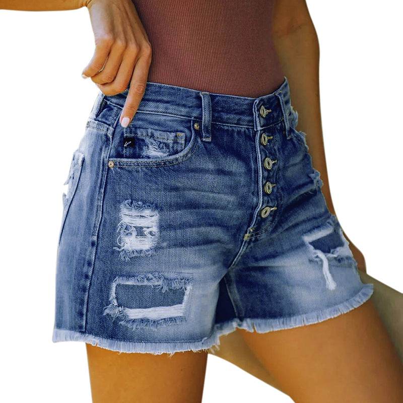 Explosive Hole Flow Patch Ladies High Stretch Denim Shorts