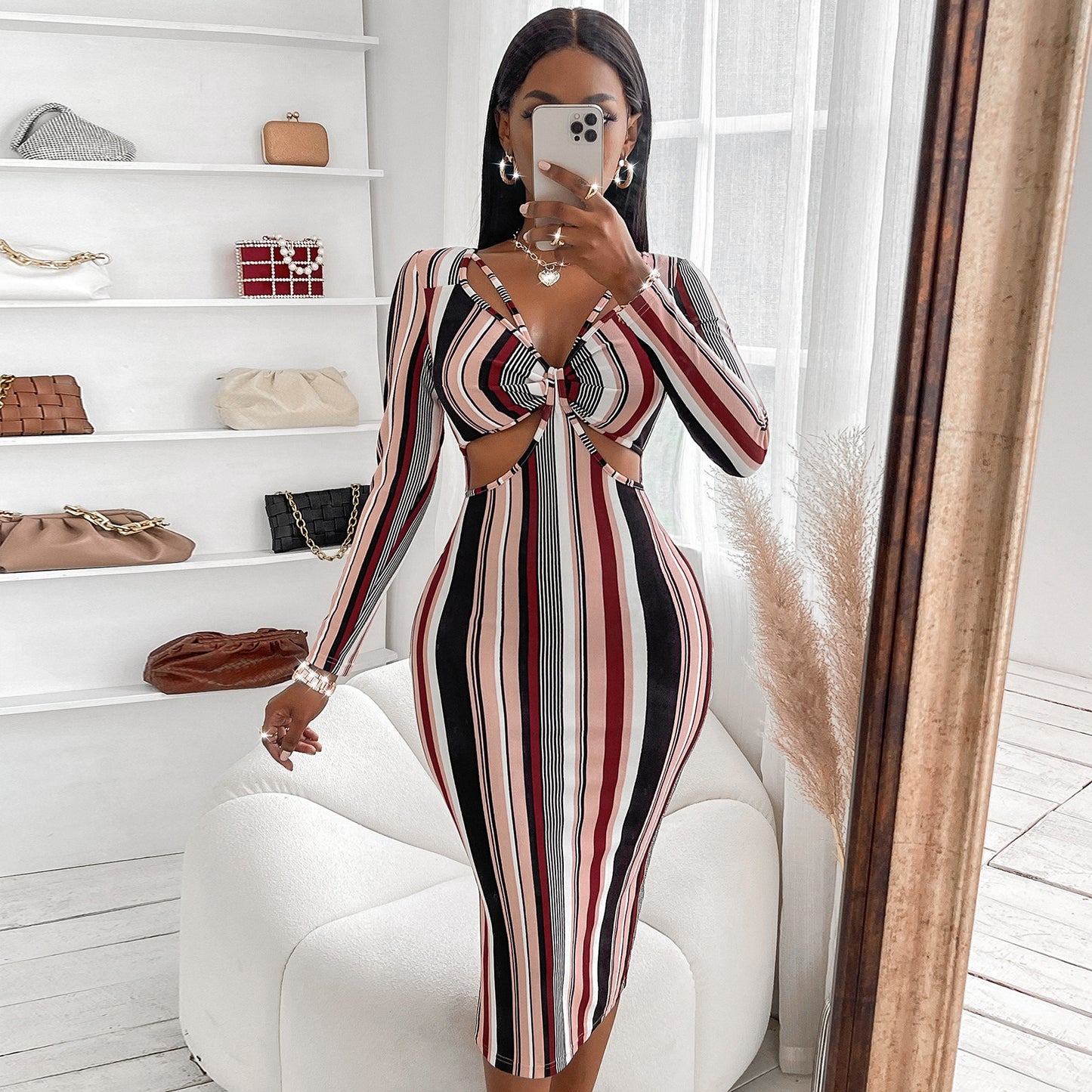 Women's Wrap Chest Striped Long Sleeve Dress