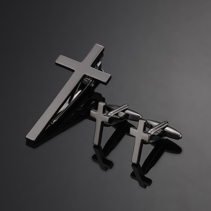 Gold Silver Black Square Brushed Tie Clip And Cufflinks