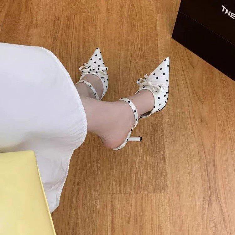 2026 Summer New Women's Polka Dot Pointed Toe High Heels, Bow Backless Mule Sandals, Slim Heel Closed Toe Slide Sandals For Women by GJG Denim