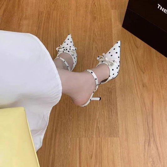 2026 Summer New Women's Polka Dot Pointed Toe High Heels, Bow Backless Mule Sandals, Slim Heel Closed Toe Slide Sandals For Women by GJG Denim