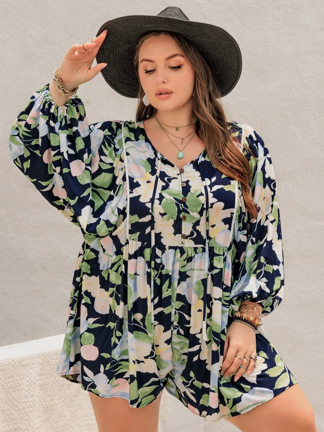 Plus Size Tied Printed Long Sleeve Romper by Lady Ros