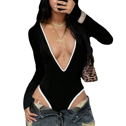 Black Deep V-neck High Elastic Jumpsuit