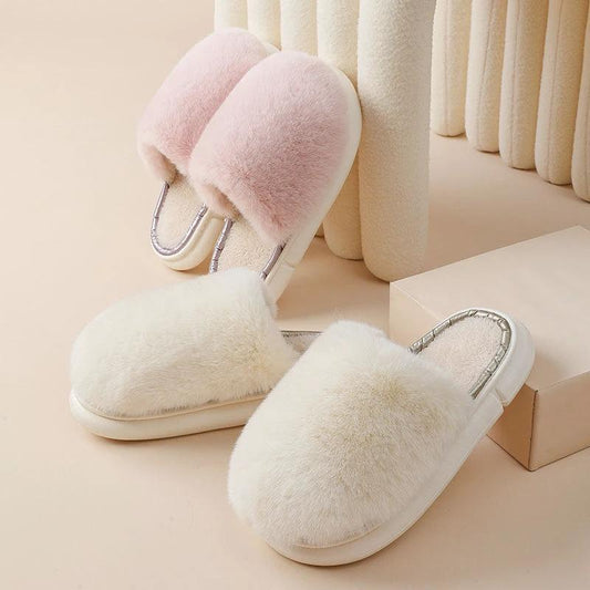 Fuzzy House Slippers Winter Warm Plush Faux Rabbit Fur Bedroom Shoes by GJG Denim