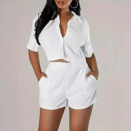 Fashionable Casual Short-Sleeve Shirt Set Single-Breasted Solid Color Pleated Two-Piece Suit by GJG Denim