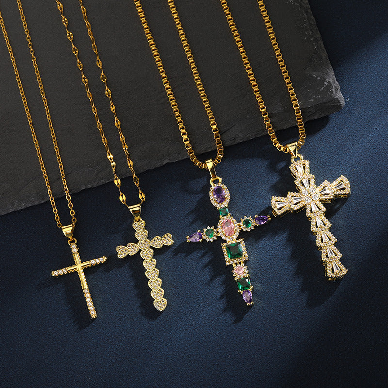Gold Tone Zircon Cross Necklace For Men