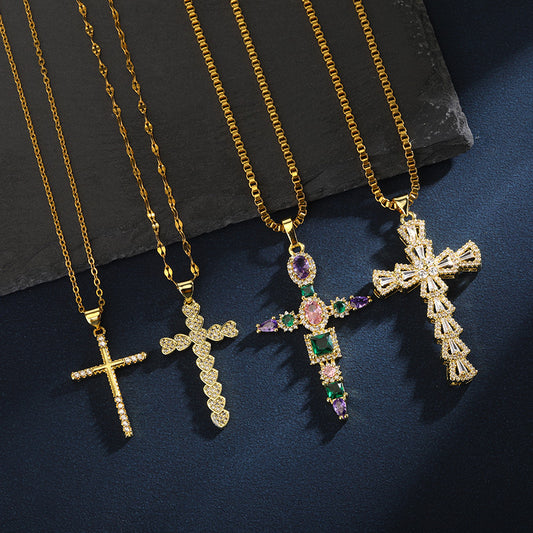 Gold Tone Zircon Cross Necklace For Men