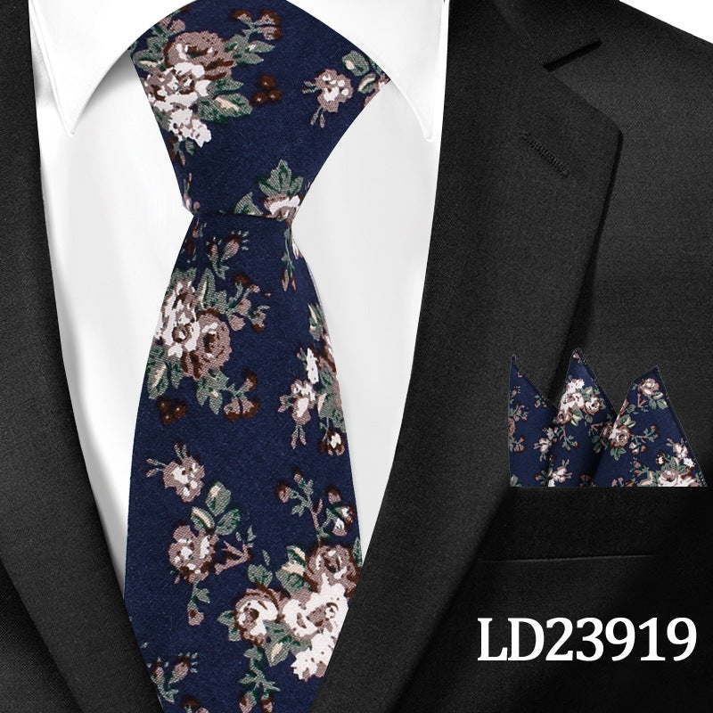 Men's Casual Cotton Floral Print 6cm Tie and Pocket Square